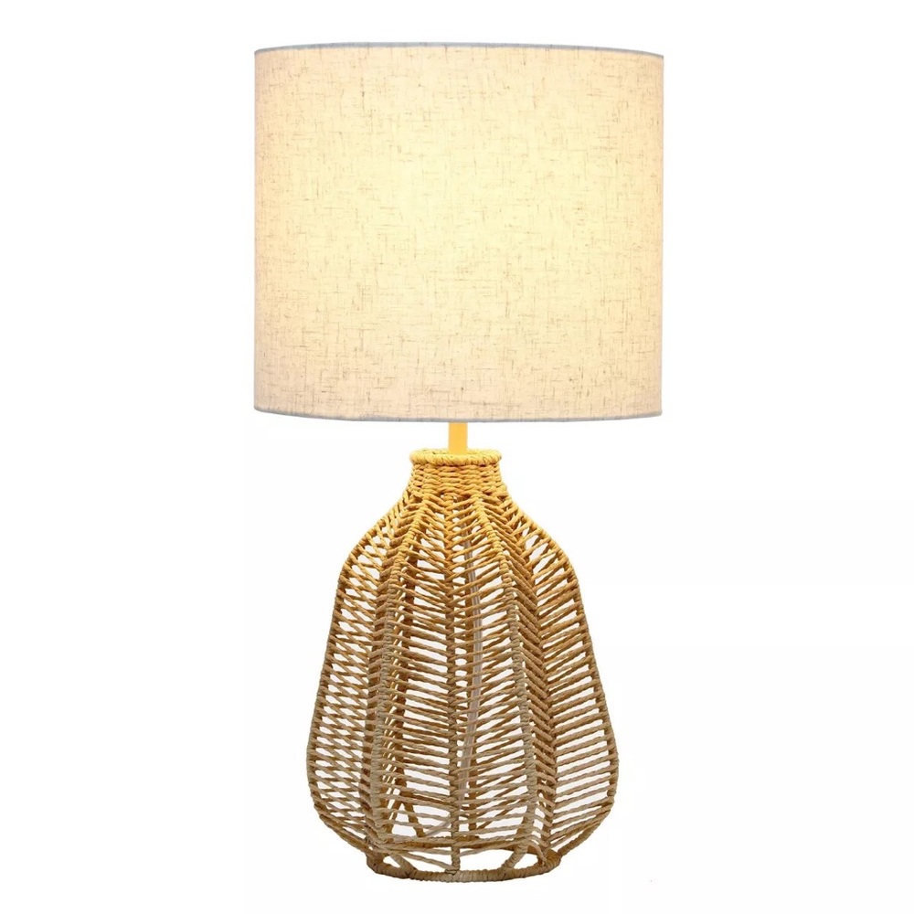 21" Vintage Rattan Wicker Paper Rope Table Lamp Linen Shade Light Beige